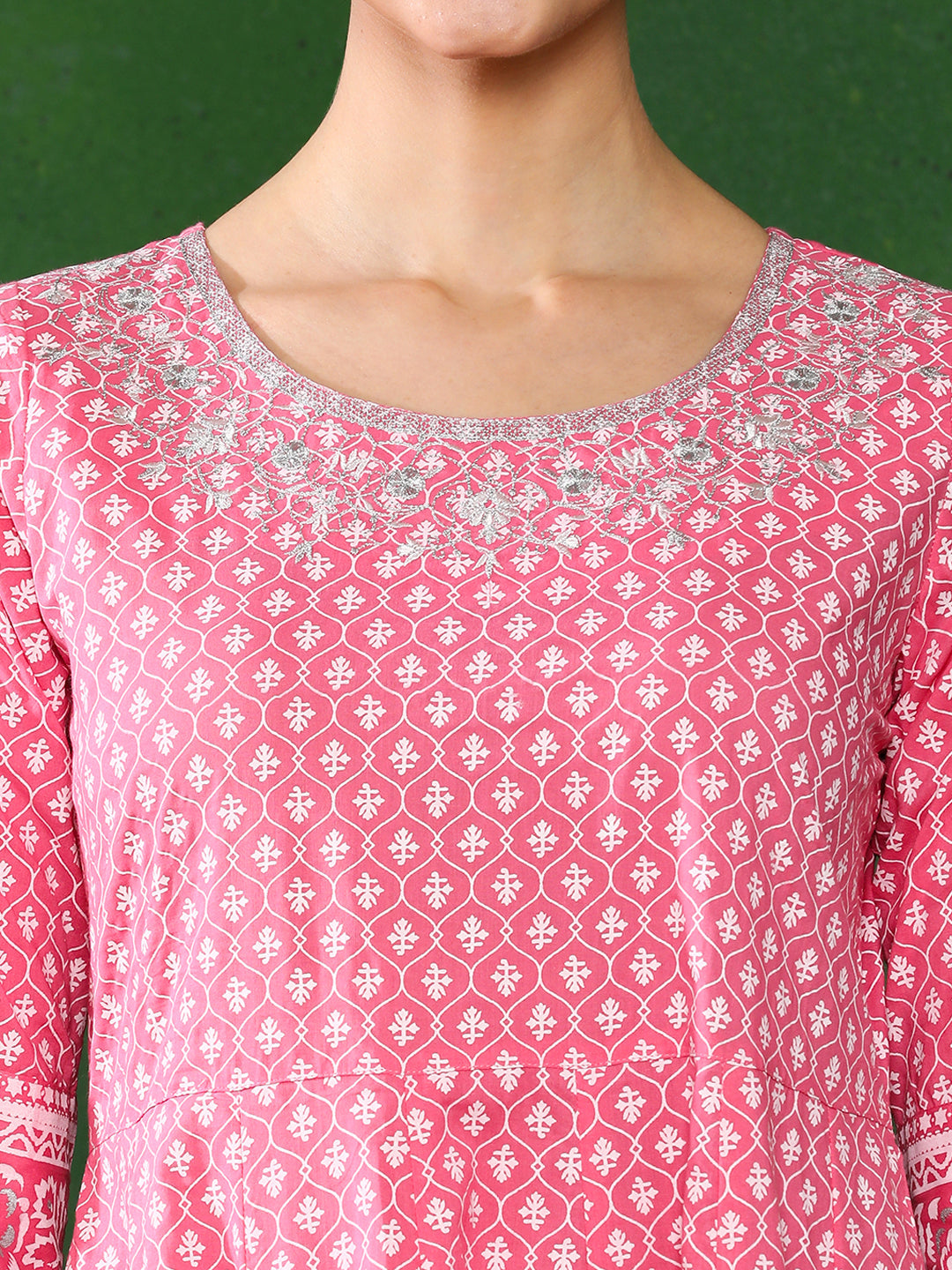 Pink Printed Anarkali With Embroidered Yoke