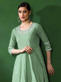 Green Printed Anarkali With Embroidered Yoke