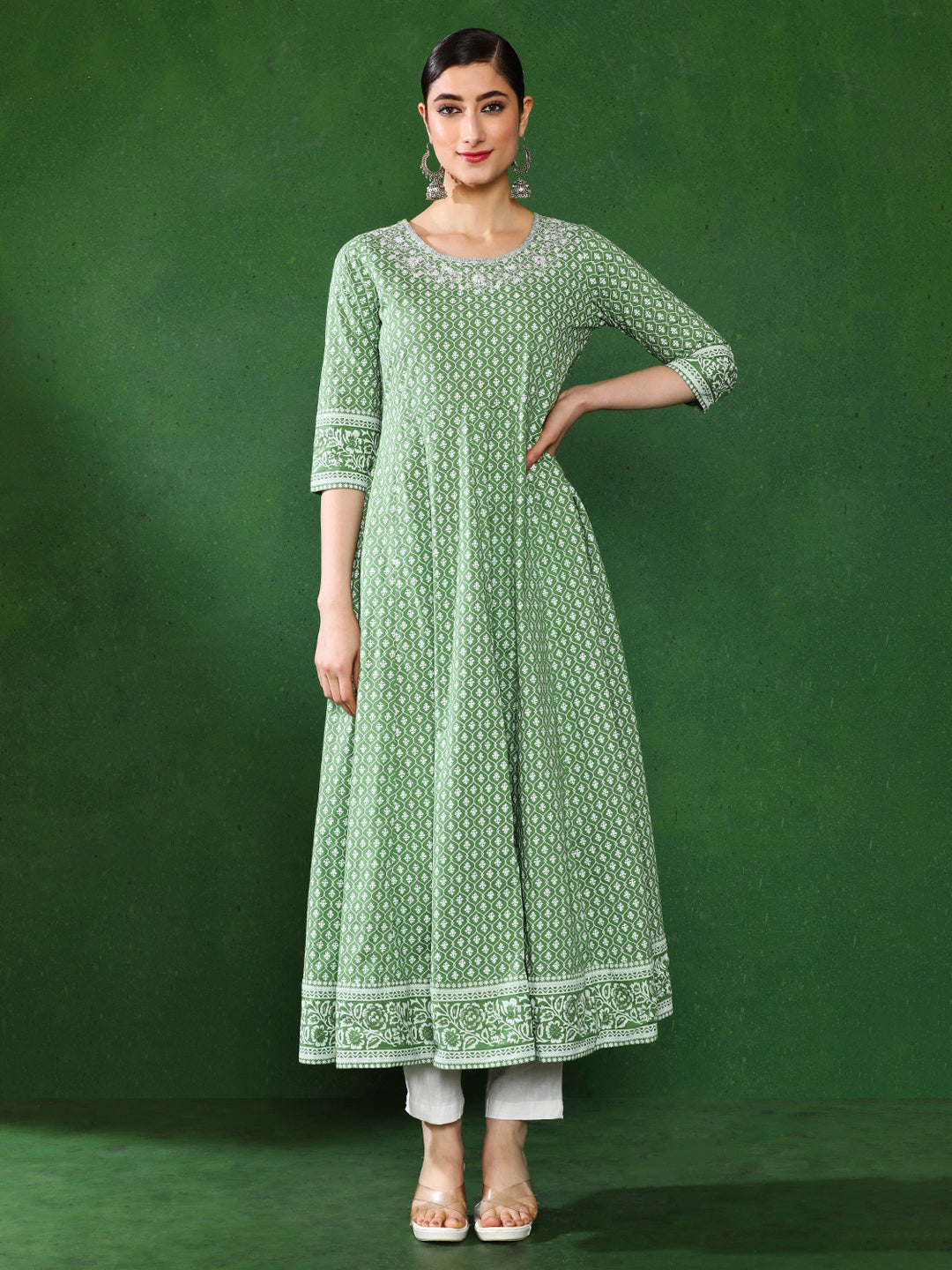 Green Printed Anarkali With Embroidered Yoke
