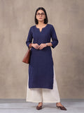 Women Keyhole Solid Staright Three Fourth Sleeve Pure Cotton Kurta