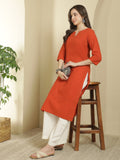 Women Keyhole Solid Staright Three Fourth Sleeve Pure Cotton Kurta