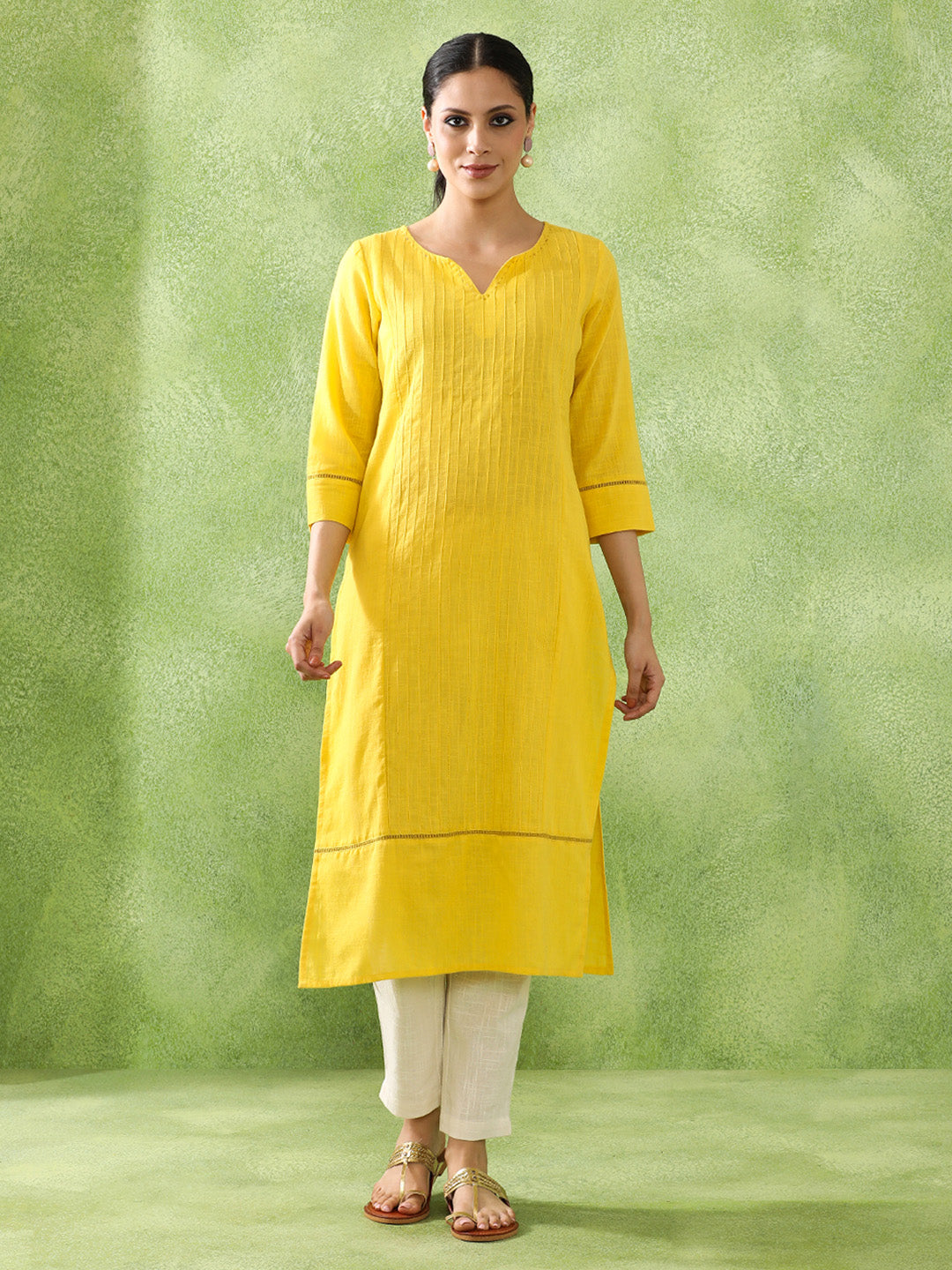 Woven Design Embroidered Straight Pure Cotton Kurta