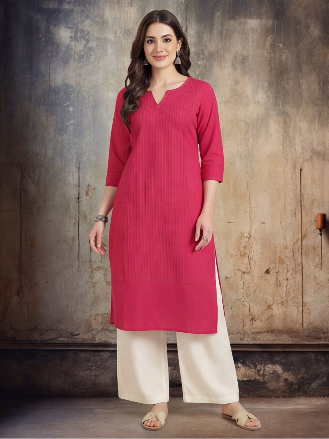 Women Keyhole Solid Staright Three Fourth Sleeve Pure Cotton Kurta
