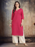 Women Keyhole Solid Staright Three Fourth Sleeve Pure Cotton Kurta