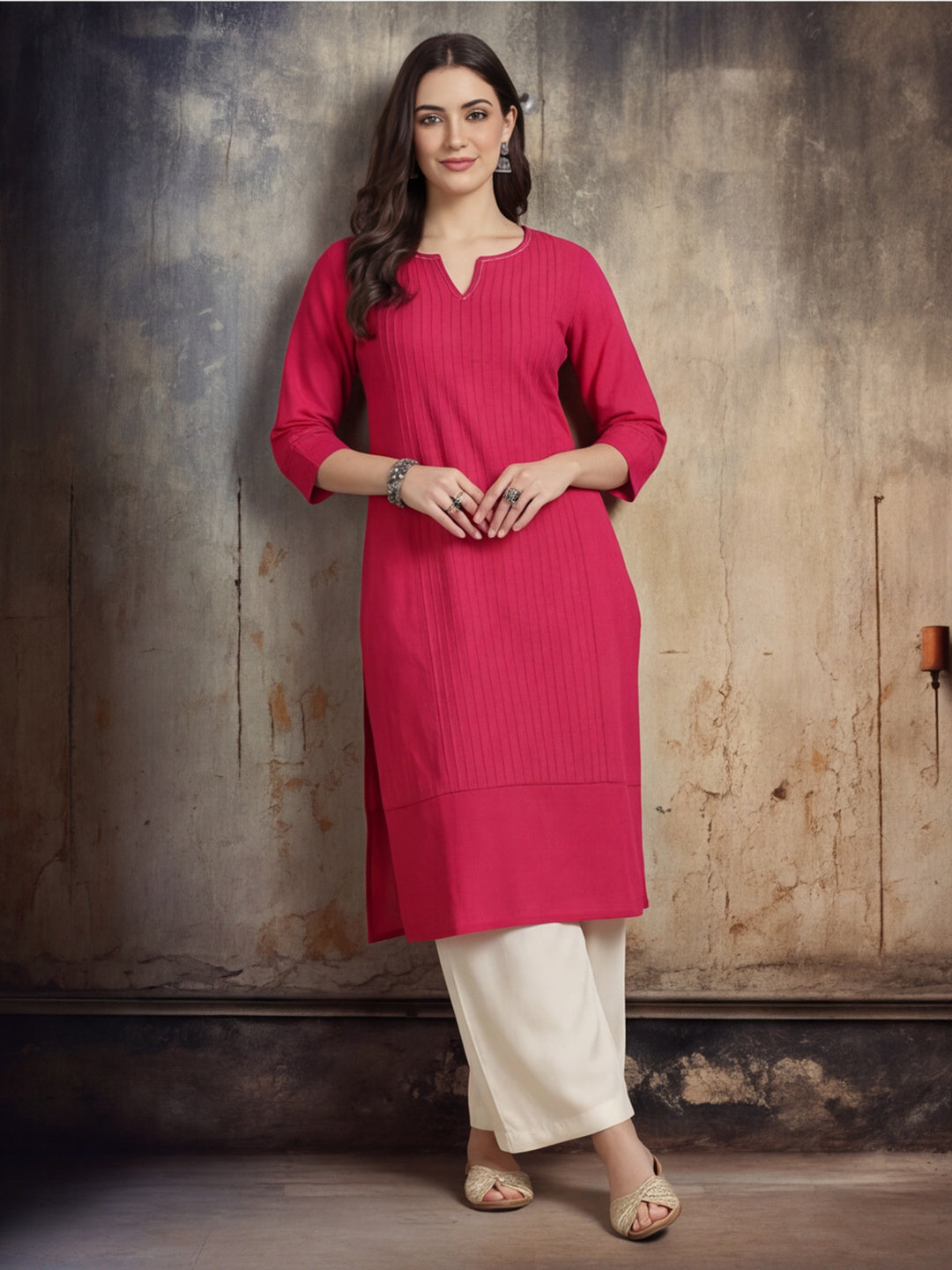 Women Keyhole Solid Staright Three Fourth Sleeve Pure Cotton Kurta
