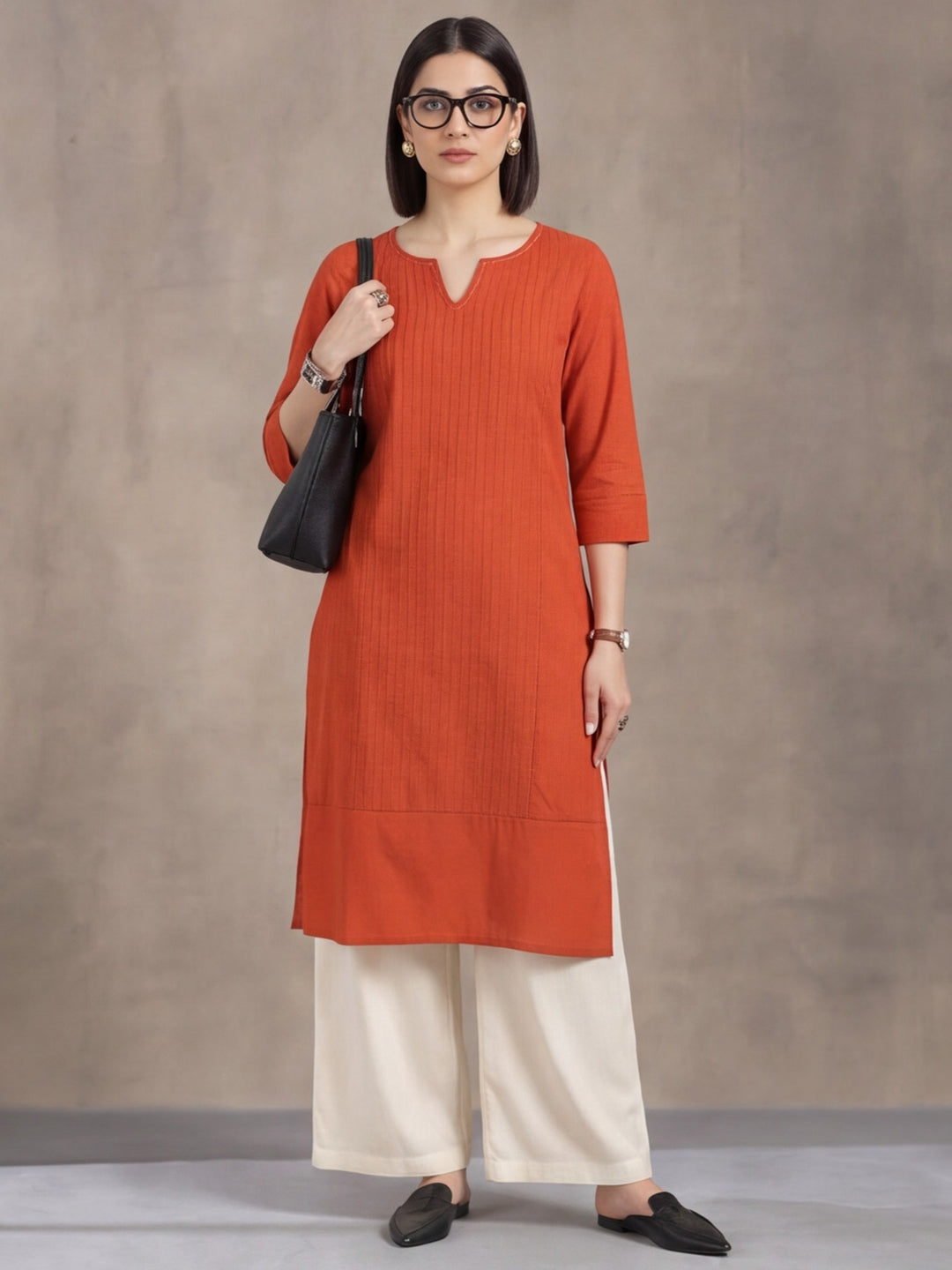 Women Keyhole Solid Staright Three Fourth Sleeve Pure Cotton Kurta