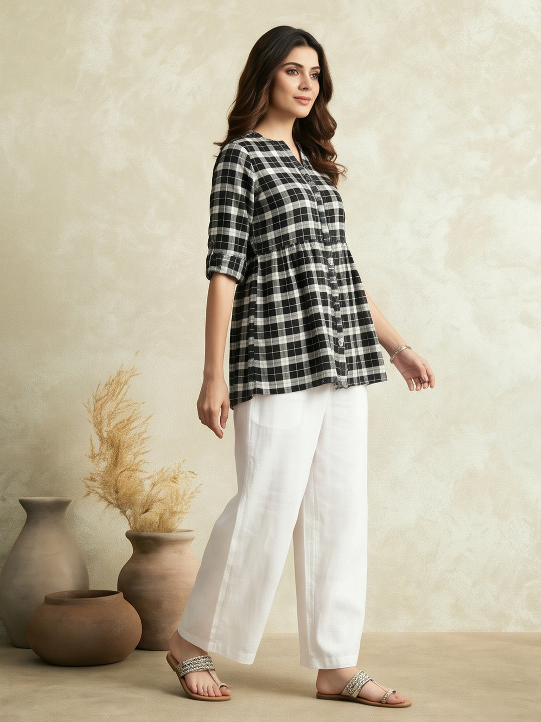 Checked Cotton Short Kurti With Gathered Detail With Flared Palazzos