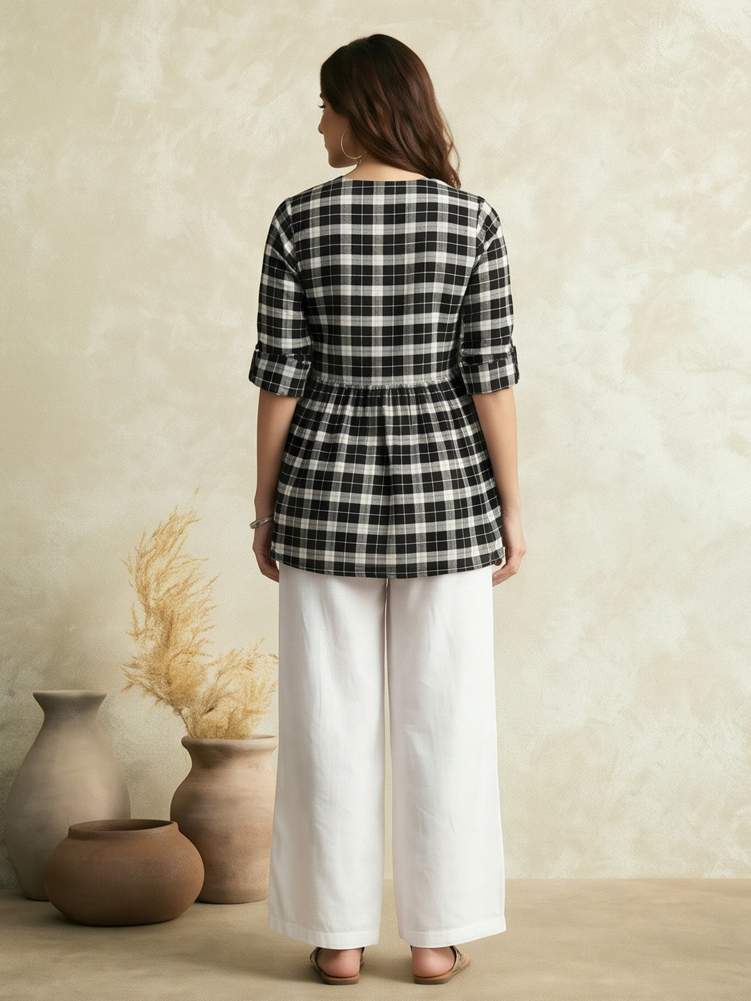Checked Cotton Short Kurti With Gathered Detail With Flared Palazzos
