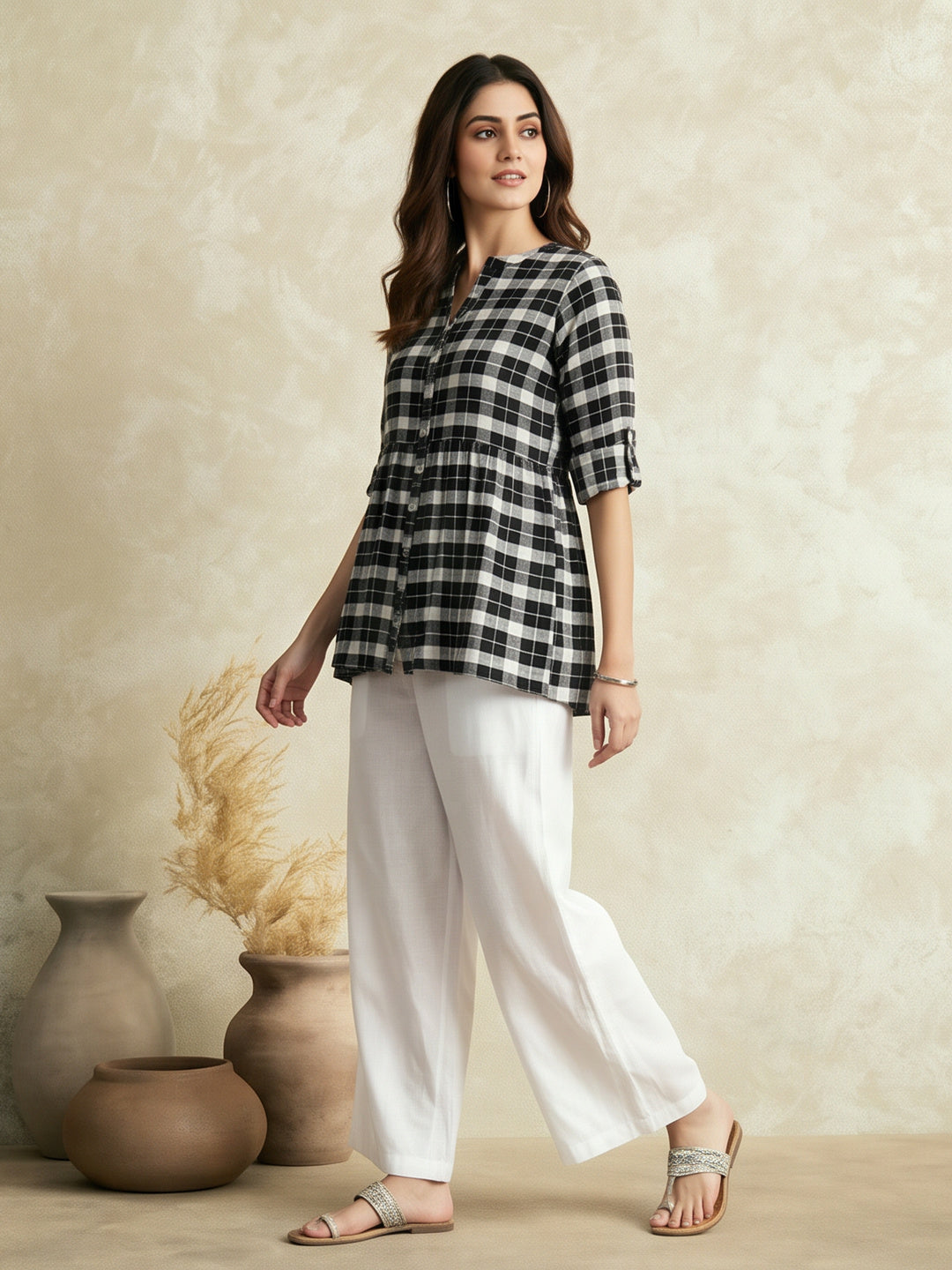 Checked Cotton Short Kurti With Gathered Detail With Flared Palazzos