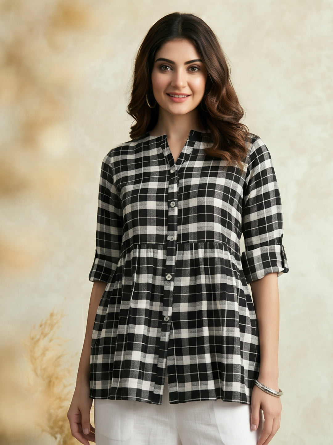 Checked Cotton Short Kurti With Gathered Detail With Flared Palazzos