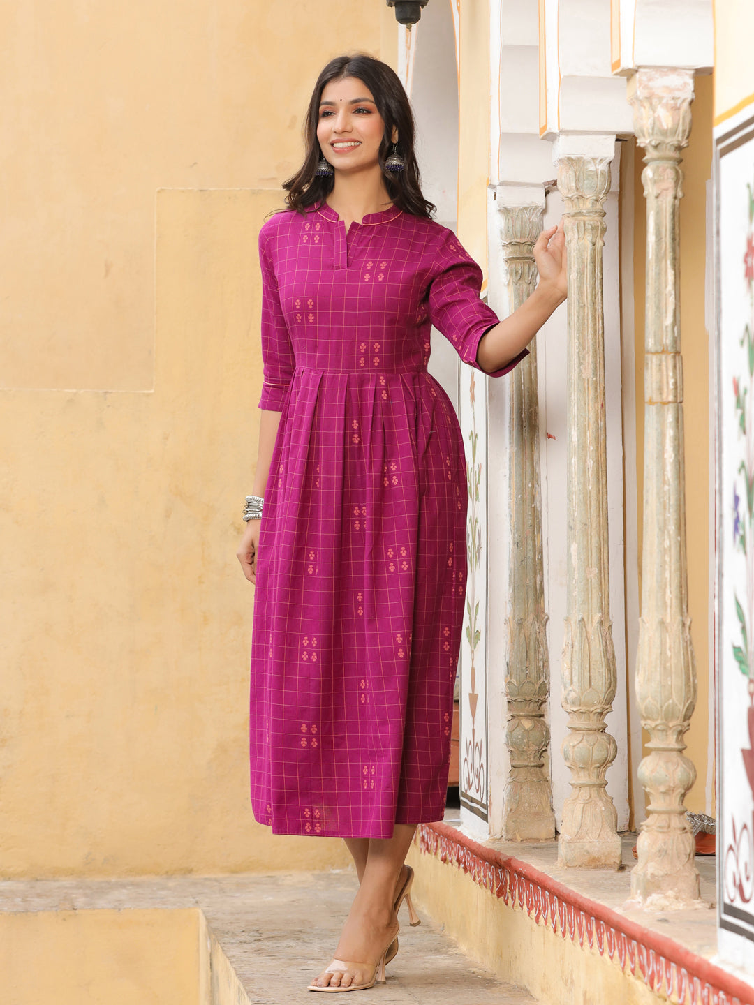 Buy Purple Checks Cotton Flared Dress Online  At Jaipur Kurti