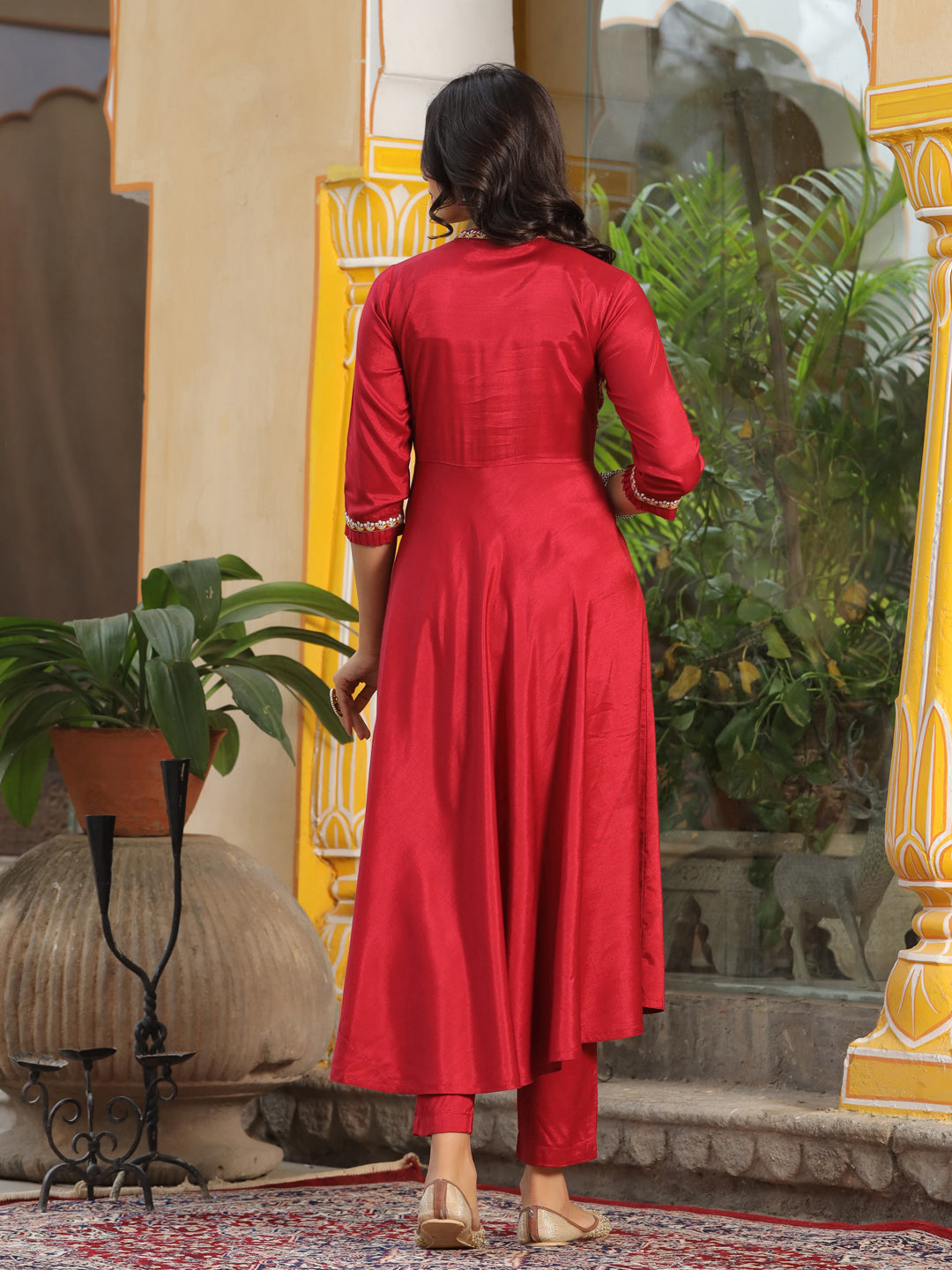 Maroon Embroired Flared Kurta With Palazzo And Chiffon Dupatta