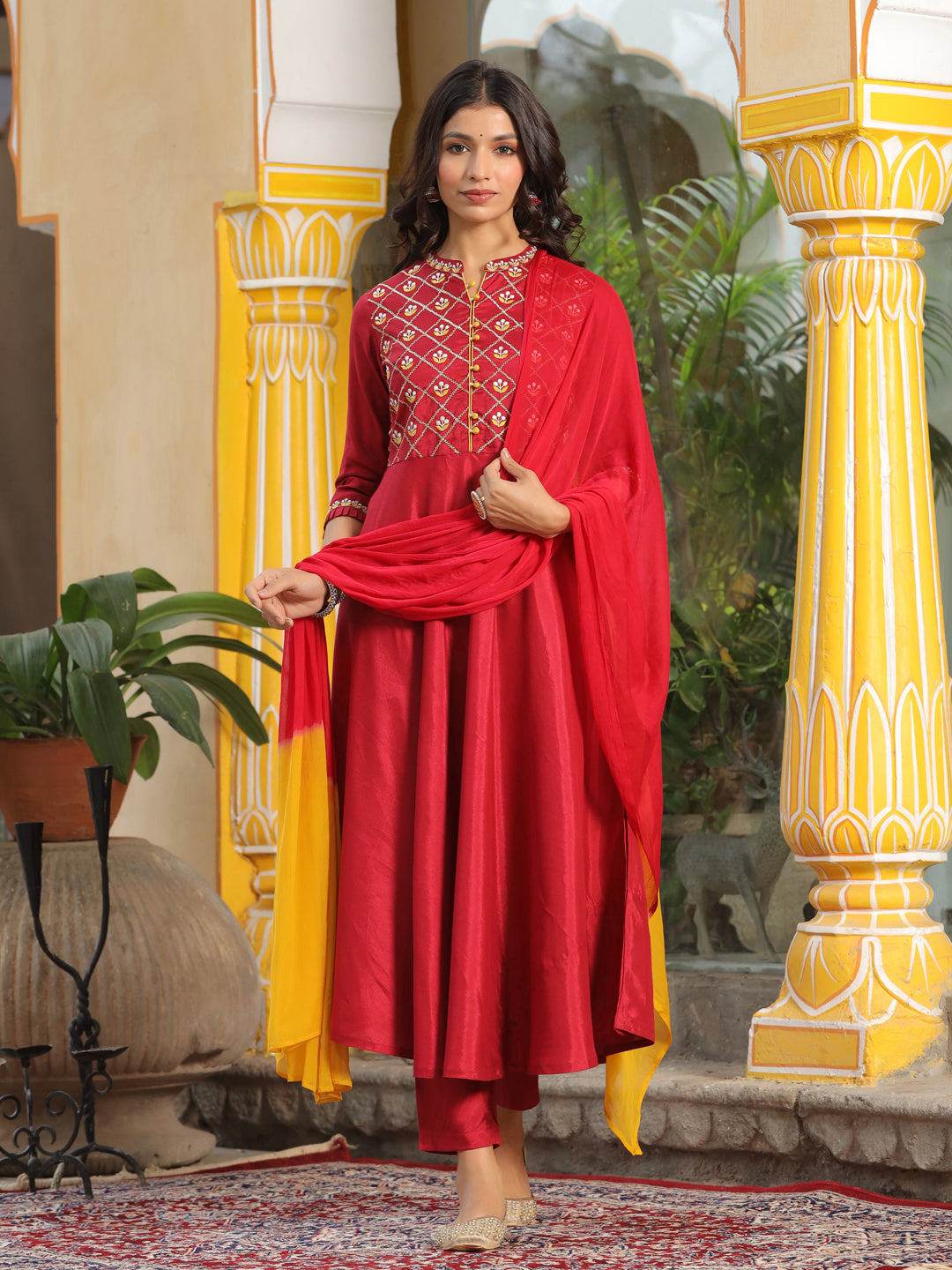 Maroon Embroired Flared Kurta With Palazzo And Chiffon Dupatta