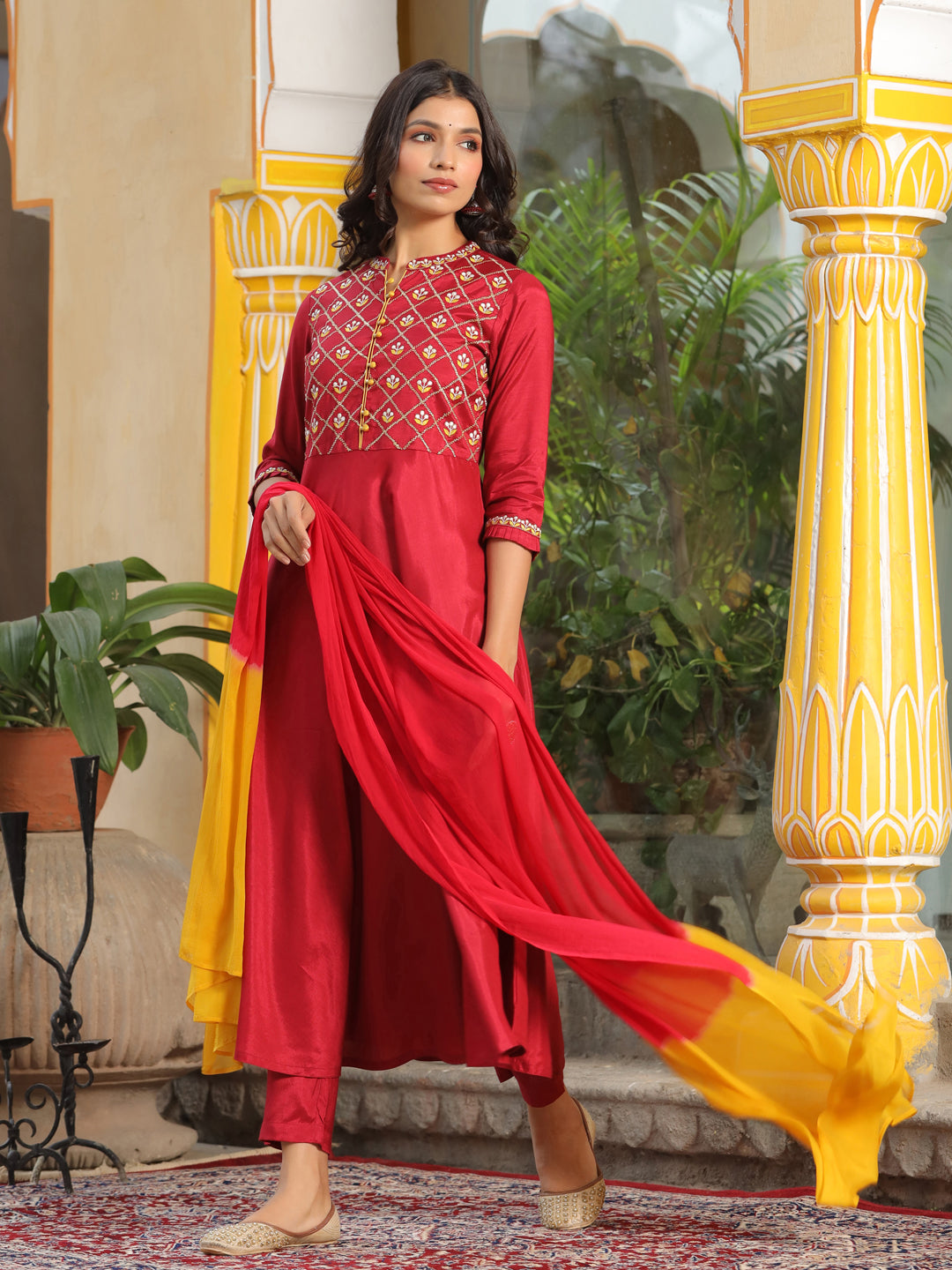 Maroon Embroired Flared Kurta With Palazzo And Chiffon Dupatta