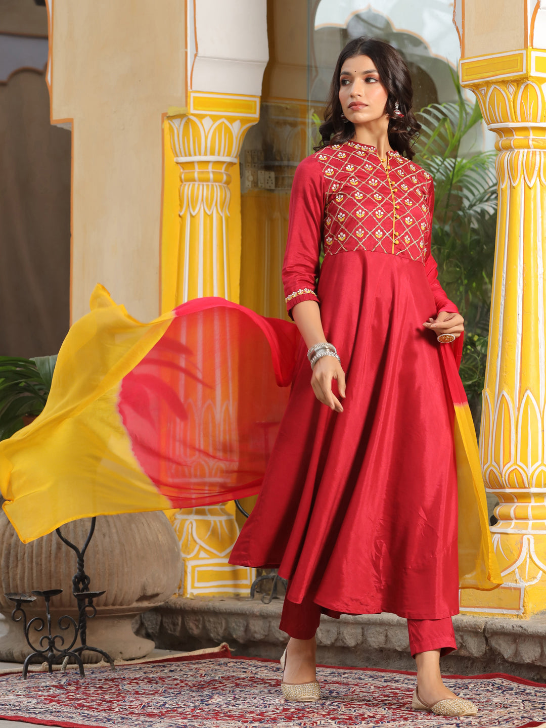 Maroon Embroired Flared Kurta With Palazzo And Chiffon Dupatta