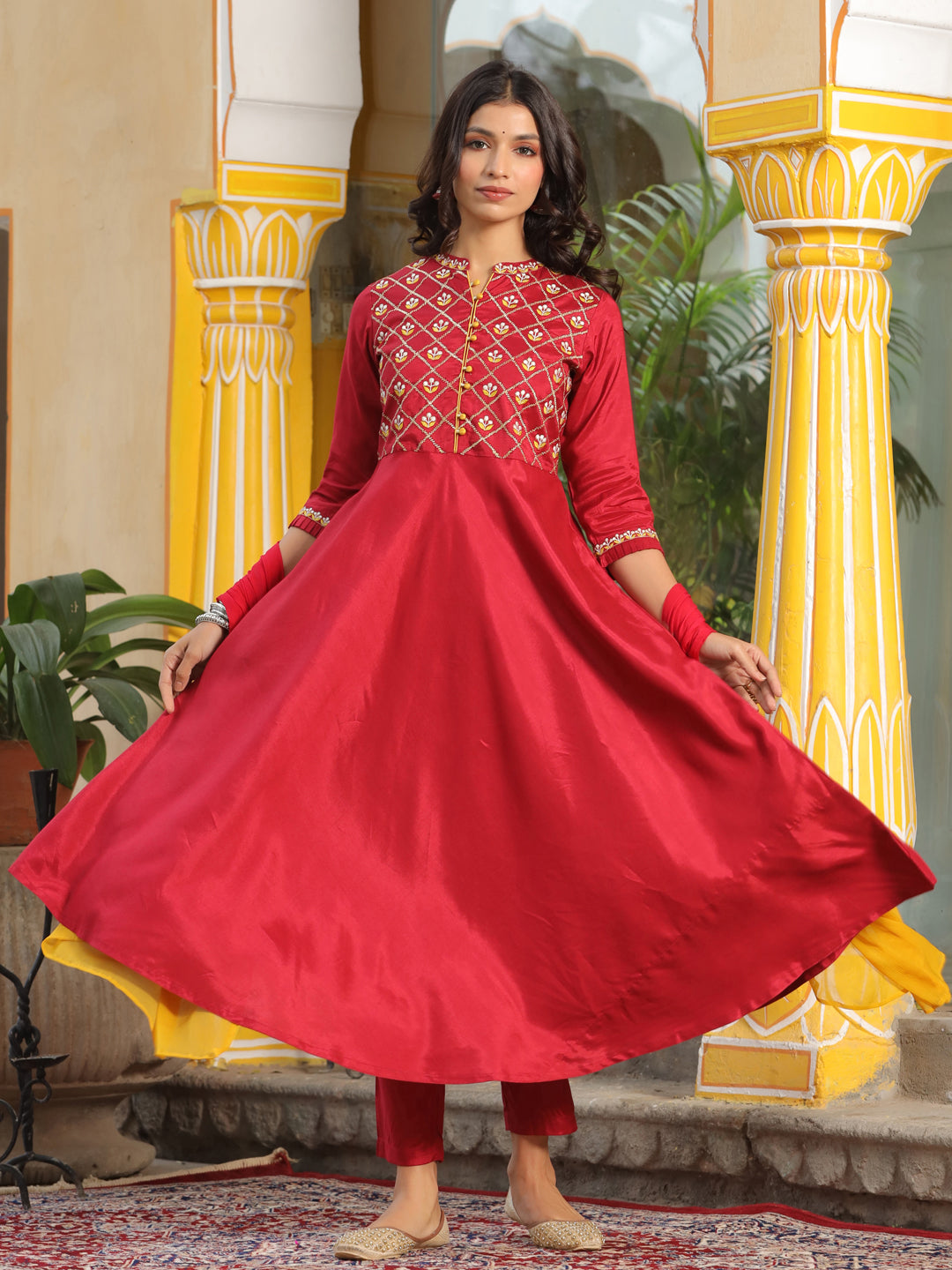 Maroon Embroired Flared Kurta With Palazzo And Chiffon Dupatta