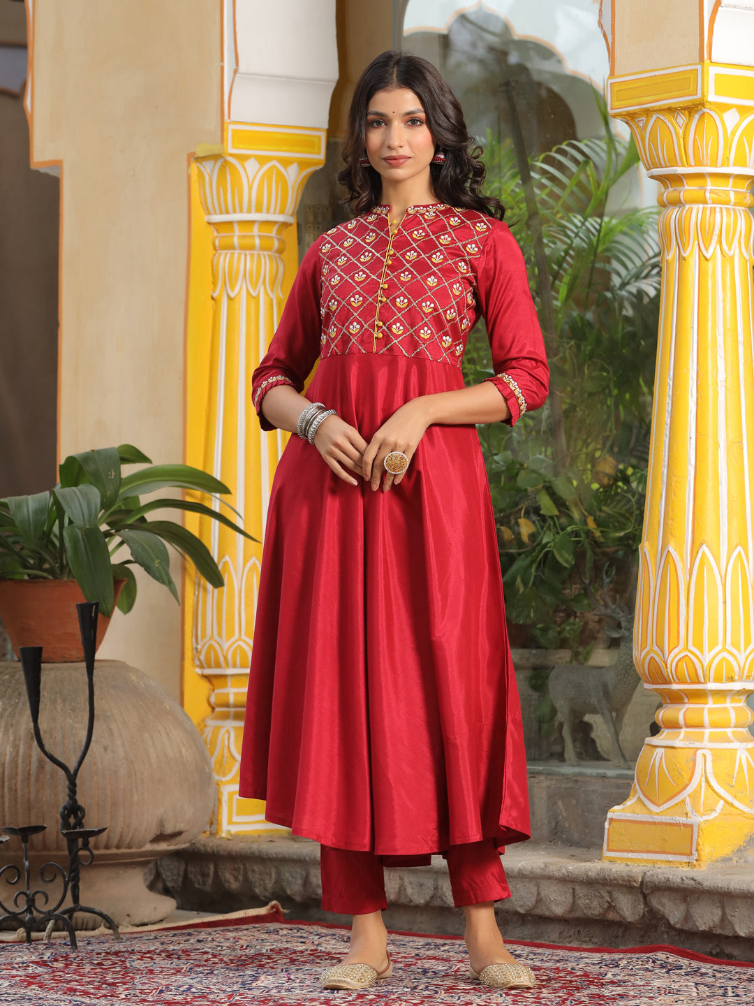 Maroon Embroired Flared Kurta With Palazzo And Chiffon Dupatta