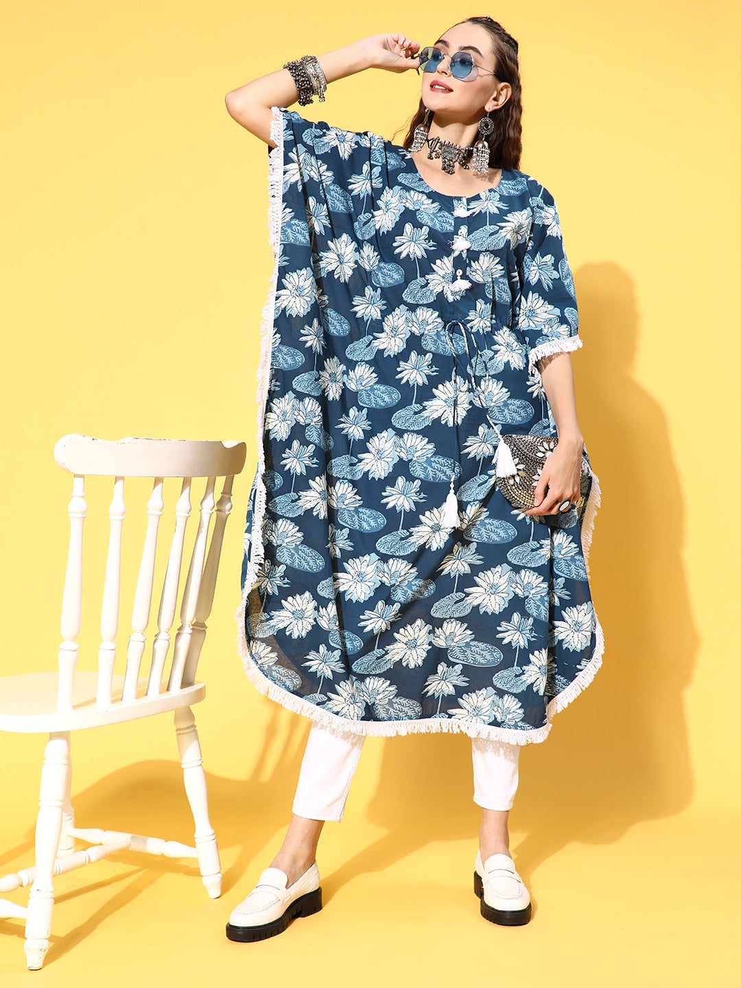 Buy Blue Cotton Floral Printed Kaftan Online