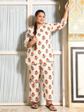 A White Ethnic Print Sleepwear Consist Of Straight Short Kurta & Pajamas