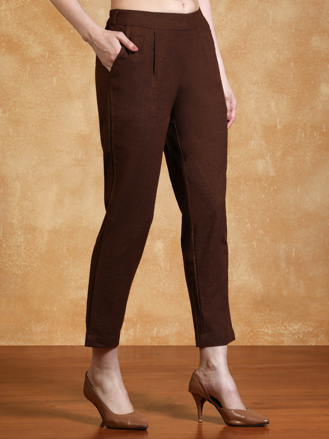 Brown Solid Cotton Slub Straight Pants