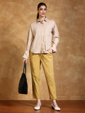 Cream Solid Cotton Slub Straight Pants