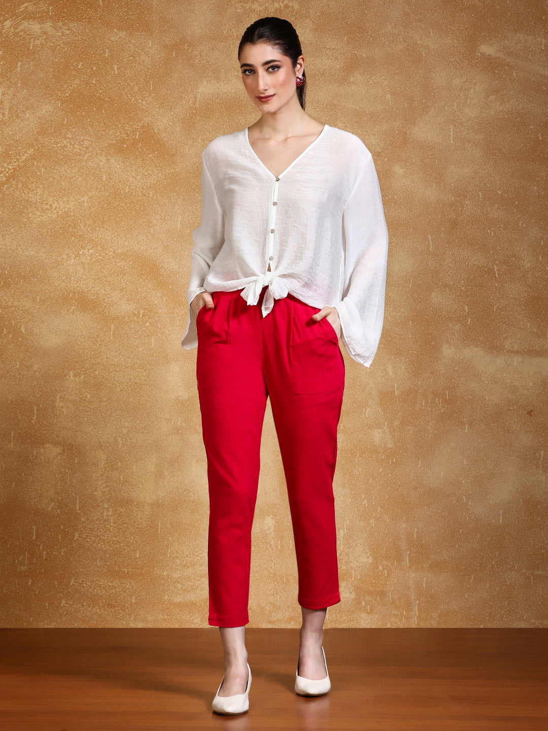 Shop Rani Pink Color Slub Cotton Solid Pants
