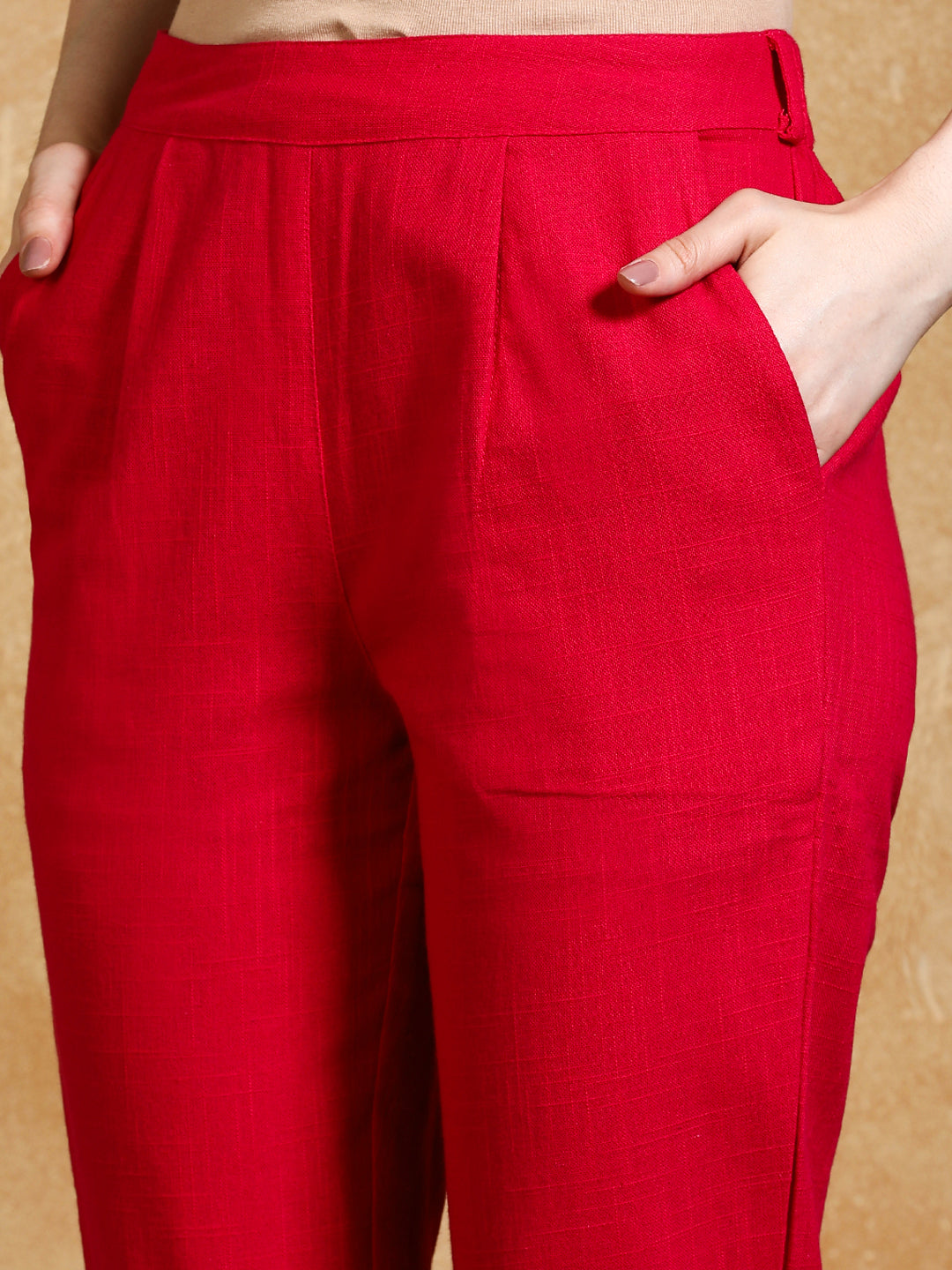 Rani Pink Solid Cotton Slub Straight Pants