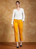 Yellow Solid Cotton Slub Straight Pants