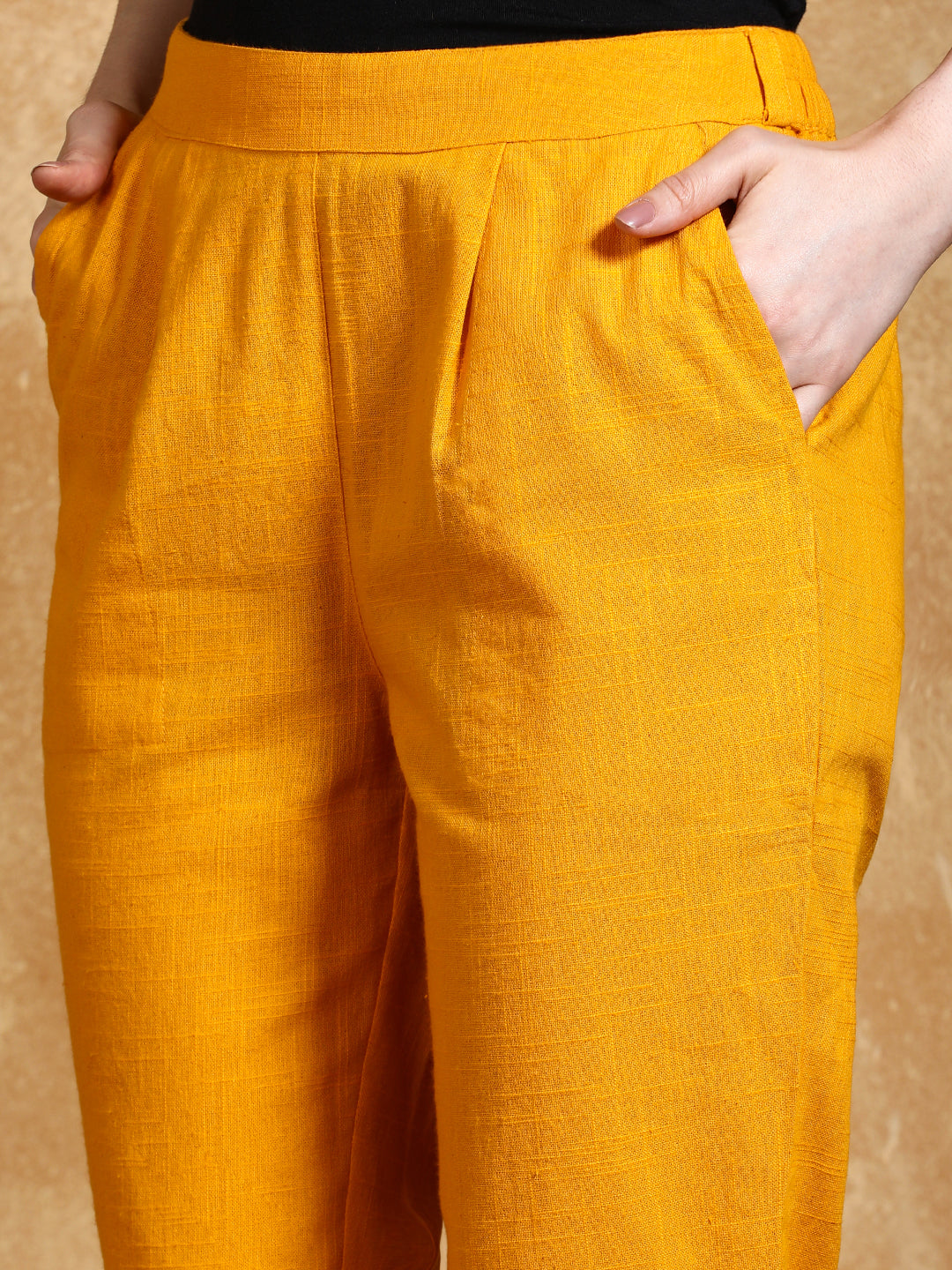 Yellow Solid Cotton Slub Straight Pants