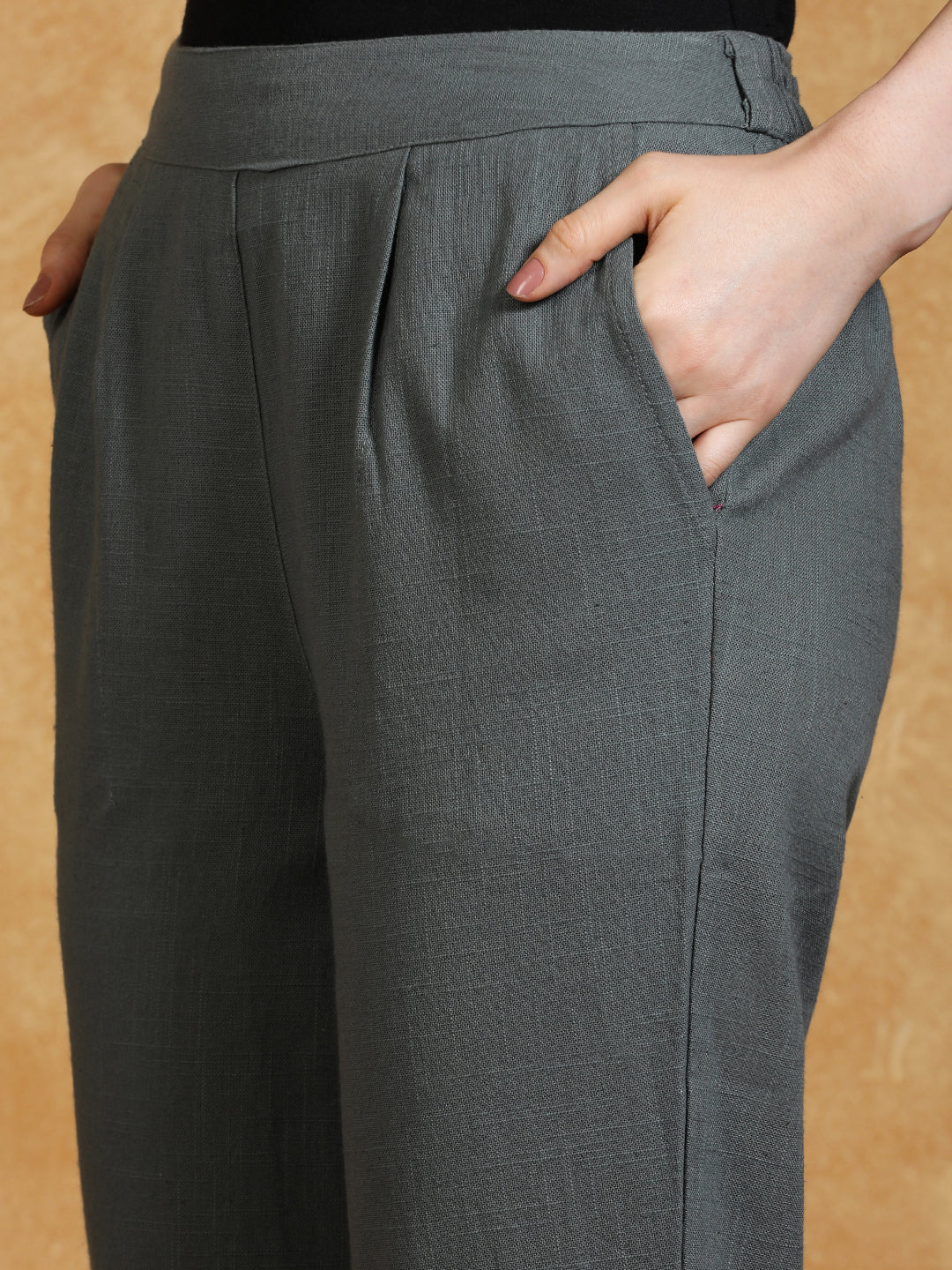 Grey Solid Cotton Slub Straight Pants