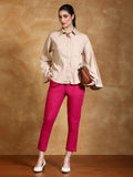 Magenta Solid Cotton Slub Straight Pants