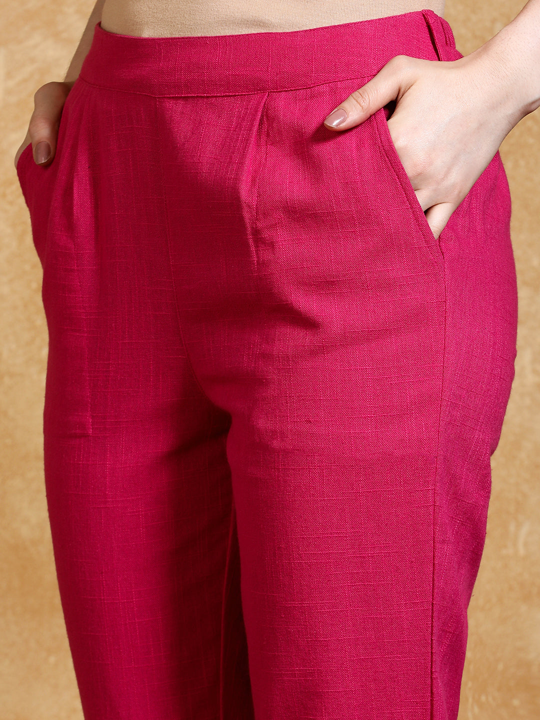 Magenta Solid Cotton Slub Straight Pants