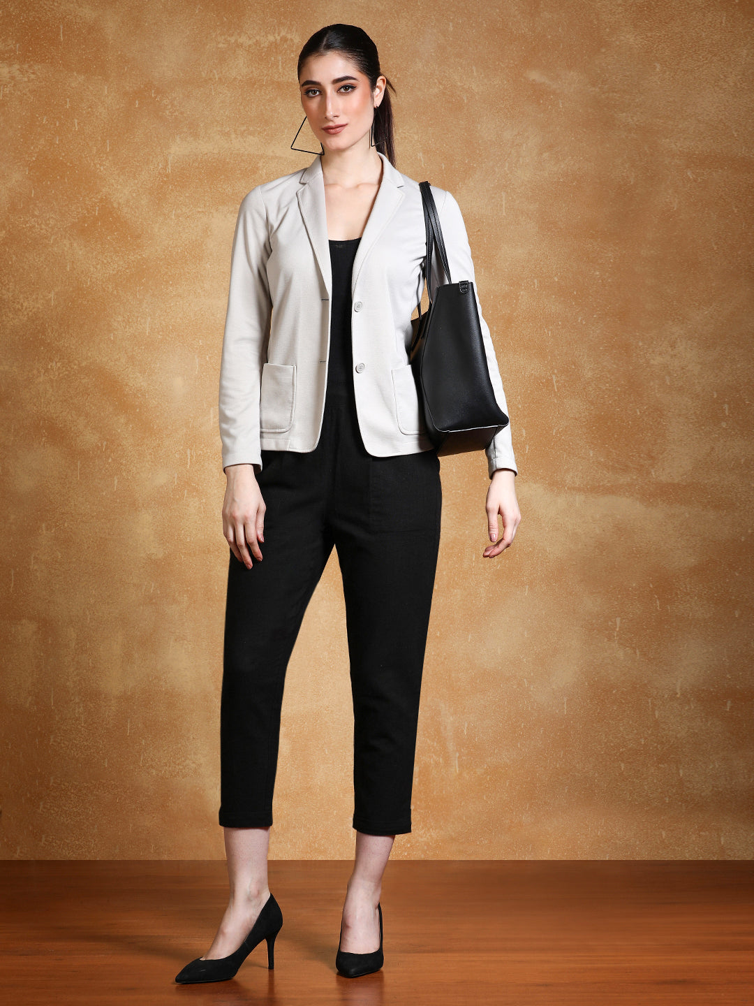 Black Cotton Slub Bottom-Fold Straight Pants