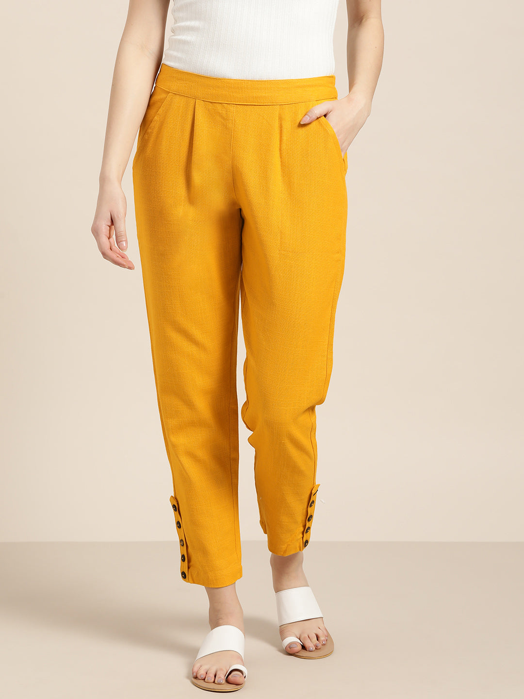 Shop Mustard Solid Cotton Pants