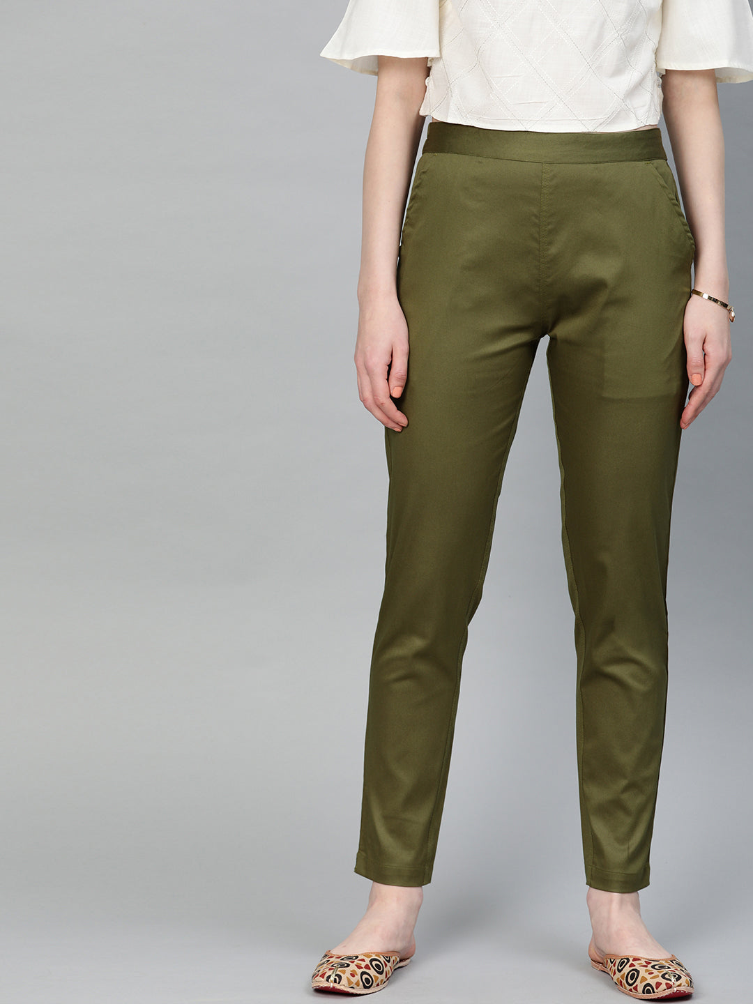 Shop Olive Green Solid Cotton Lycra Pant