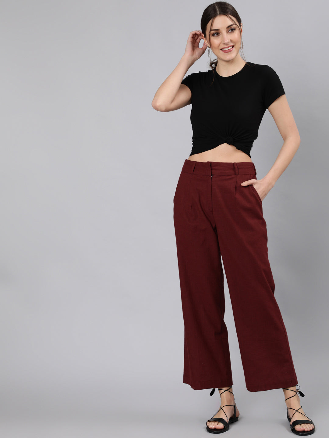 Shop Burgundy Cotton Slub Flared High Rise Parallel Pants