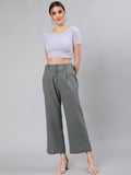 Grey Cotton Slub Flared High Rise Parallel Pants