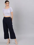 Navy Blue Cotton Slub Flared High Rise Parallel Pants