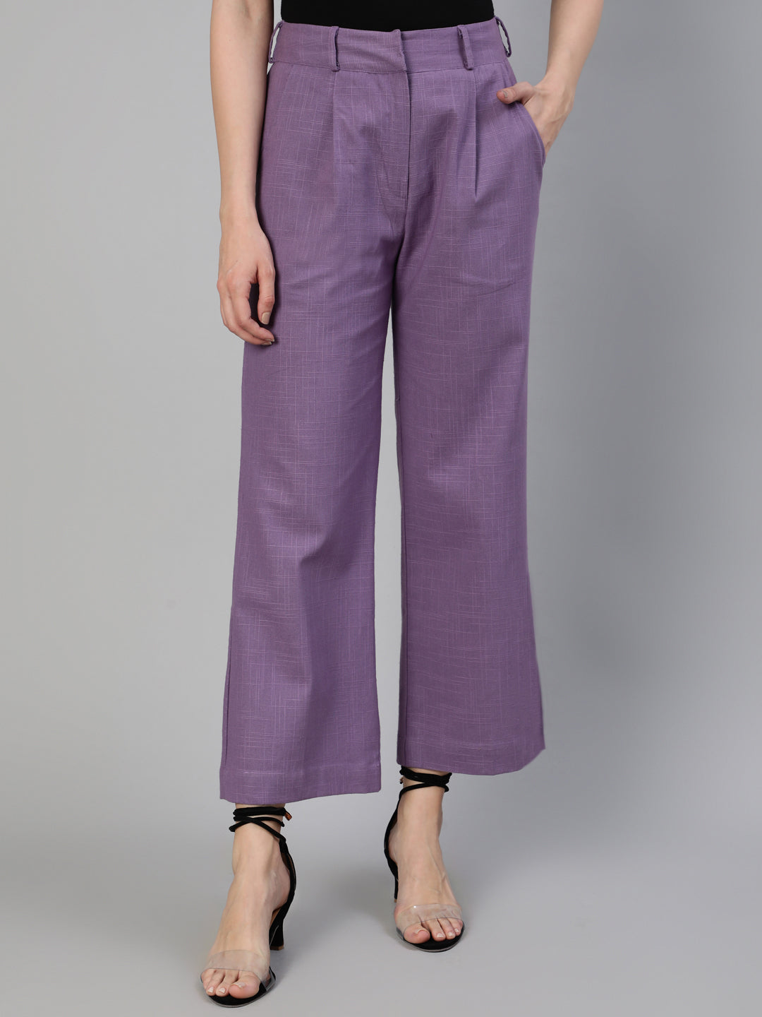Shop Lavender Blue Cotton Slub Flared High Rise Parallel Pants