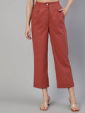 Brick Red Cotton Slub Straight High Rise Bottom Fold Pants