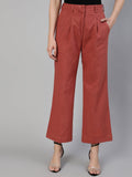 Brick Red Cotton Slub Flared High Rise Parallel Pants