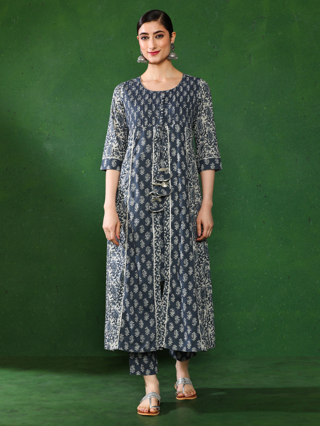 Blue & Grey Printed Flared Kurta With Pant