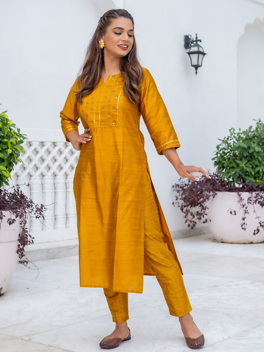 Straight Silk Embroidered Mustard Straight Kurta With Pants