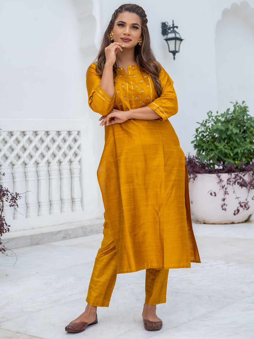 Straight Silk Embroidered Mustard Straight Kurta With Pants