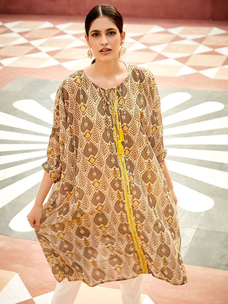 Multi Color Mirror Work Embroidered Georgette Kaftan With Tassels And Slip, Cotton White Regular Fit Trousers