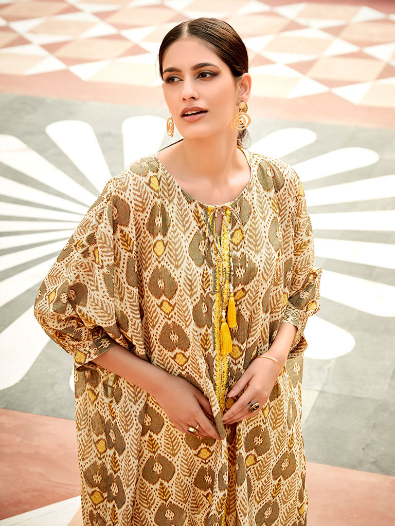 Multi Color Mirror Work Embroidered Georgette Kaftan With Tassels And Slip, Cotton White Regular Fit Trousers