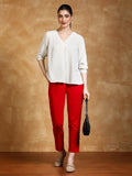 Red Solid Cotton Slub Straight Pants