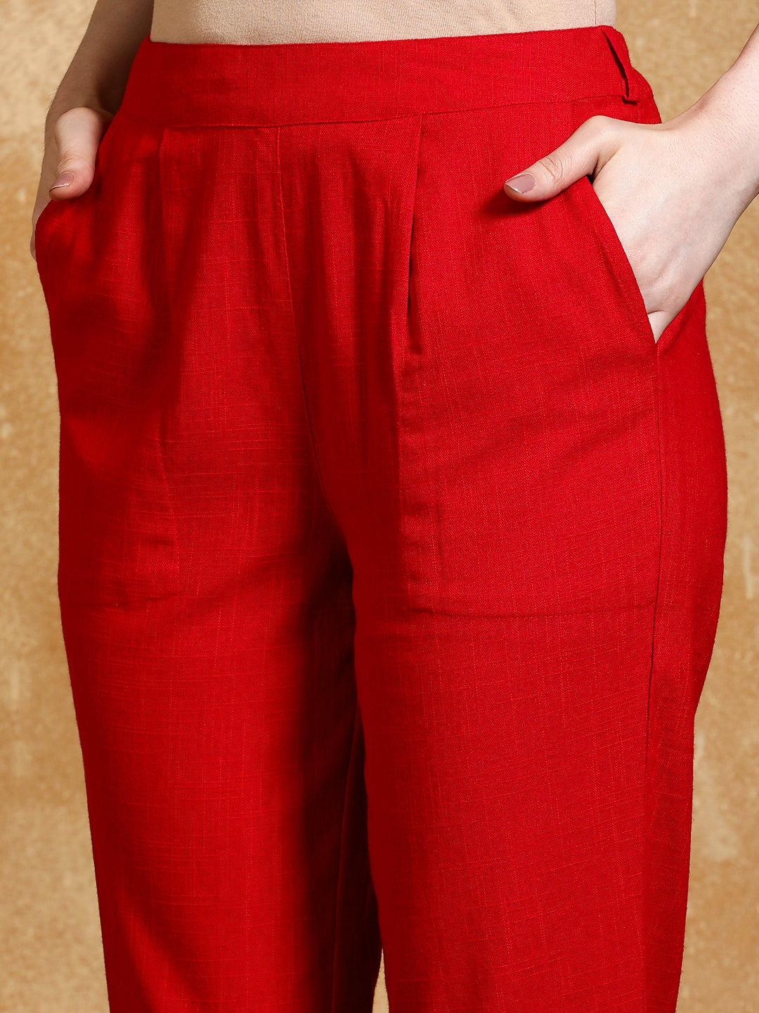 Red Solid Cotton Slub Straight Pants
