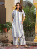 White & Blue Striped Yarn-Dyed Cotton Kurta With Palazzo