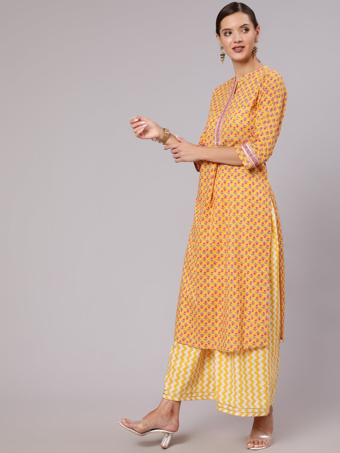 Yellow Straight Ethnic Printed Gota Embellished Kurta With Printed Palazzo And Dupatta